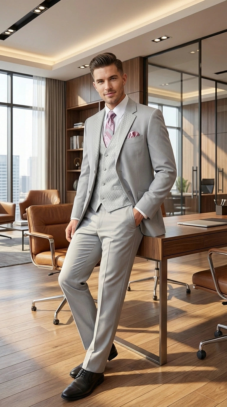 Men’s Light Gray 3 Piece Suit – Ice Silver Gray Formal Suit Set with Vest, Patterned Lapel and Tie for Wedding, Prom and Business Events  Modern Fit