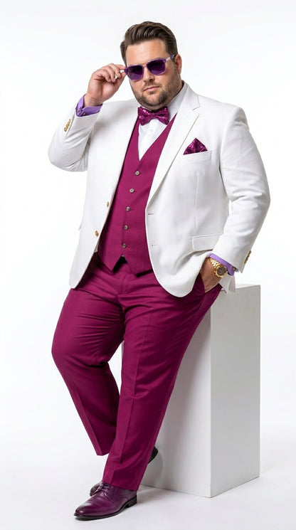 White and Burgundy Tuxedo Wedding Suit for Men – White Dinner Jacket with Burgundy Vest, Pants and Bow Tie