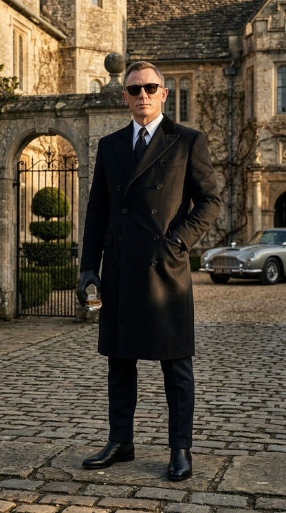 Men’s Black Double Breasted Overcoat, James Bond Inspired Long Formal Coat for Weddings, Business Events, Parties, and Winter Occasions