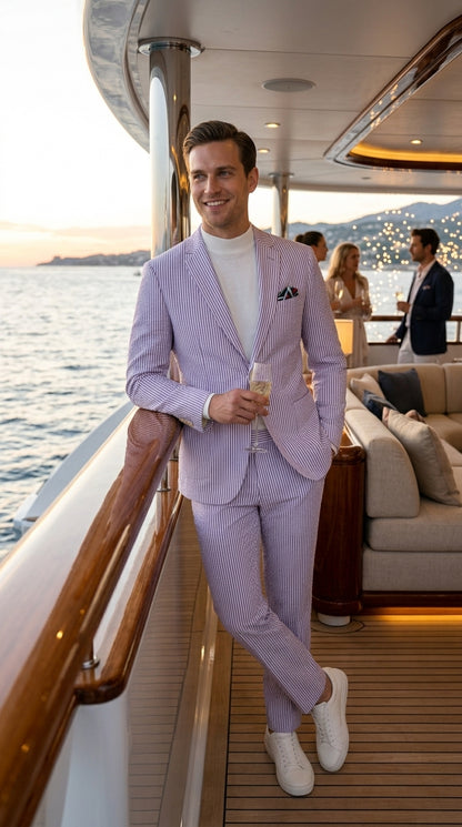 Men’s Lavender Seersucker 2 Piece Suit, Lightweight Summer Blazer and Pants Set for Weddings, Parties, Prom, and summer fabric