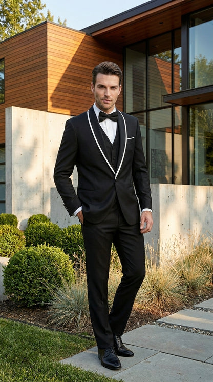 Men’s Black 1 Button Blazer with Shawl Lapel and White Trim, Formal Dinner Jacket Sport Coat