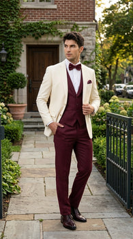 Men’s Cream Ivory and Burgundy 3 Piece Tuxedo Suit, Vested Formal Wedding Prom Dinner Suit in Cream Off White Color