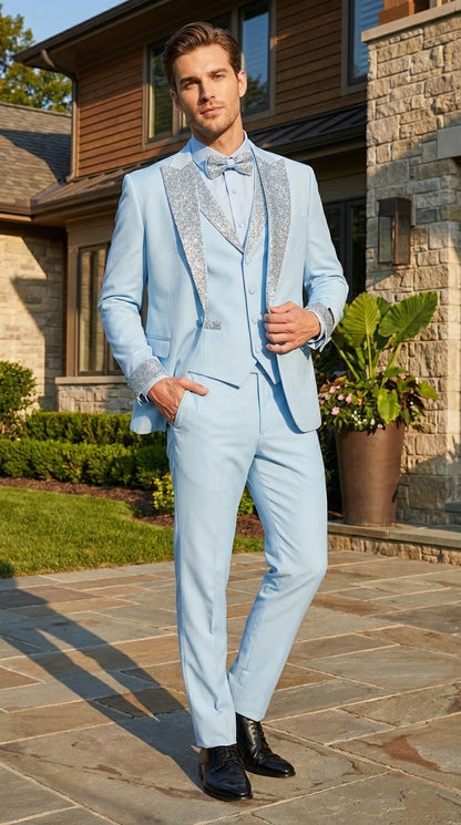 Men’s Light Blue Suit with Silver Glitter Lapel – Light Blue Formal Tuxedo Suit for Prom, Wedding and Special Occasion Wear in Sky Baby Blue