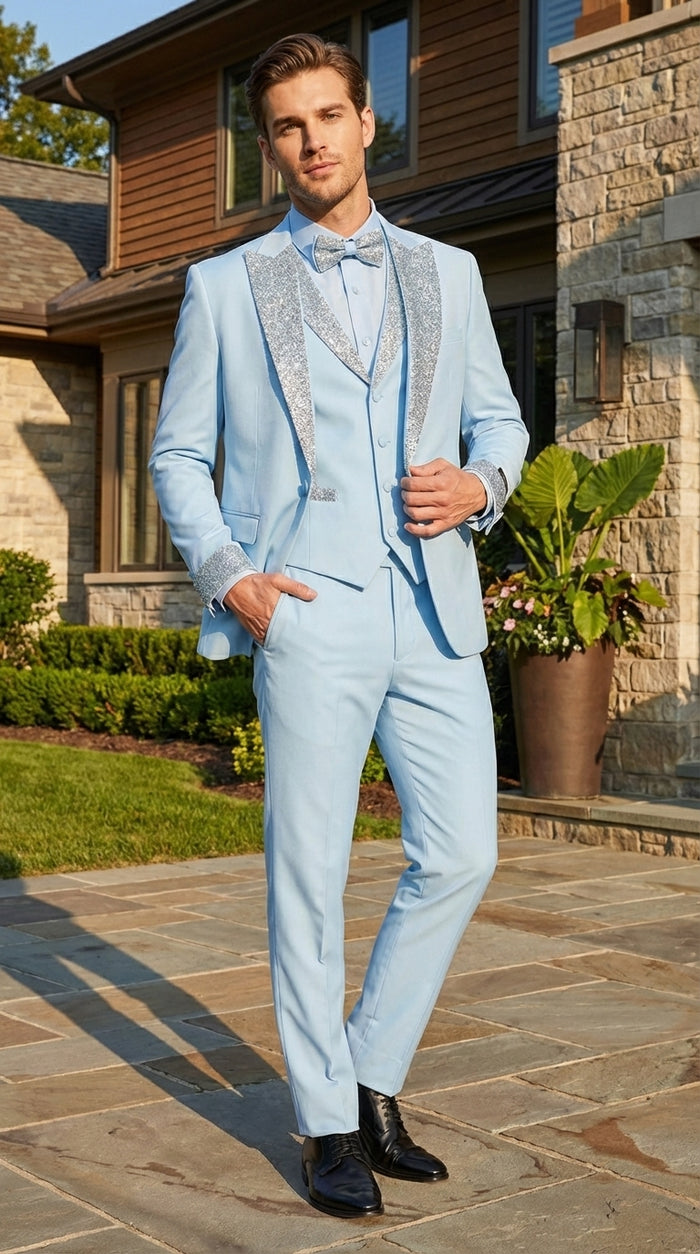 Men’s Light Blue Suit with Silver Glitter Lapel – Light Blue Formal Tuxedo Suit for Prom, Wedding and Special Occasion Wear in Sky Baby Blue
