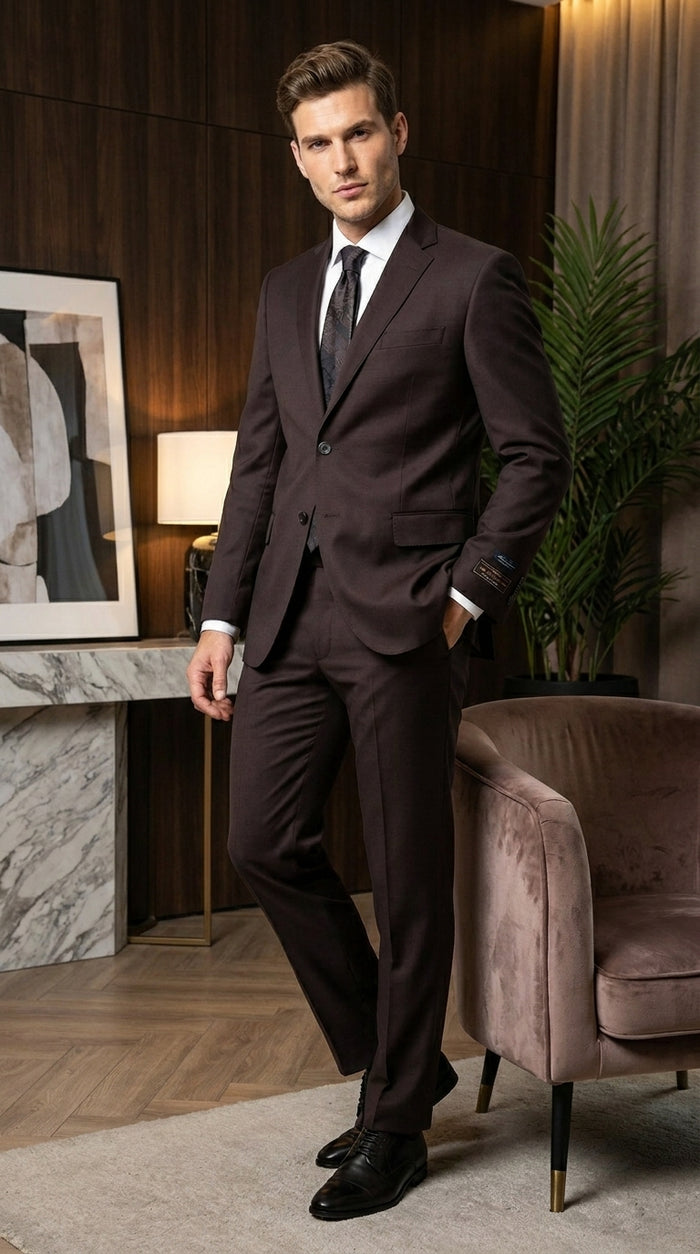 Men’s Tiglio Italian Brown Suit with Two Button Blazer and Matching Pants, Formal Business Wedding Suit