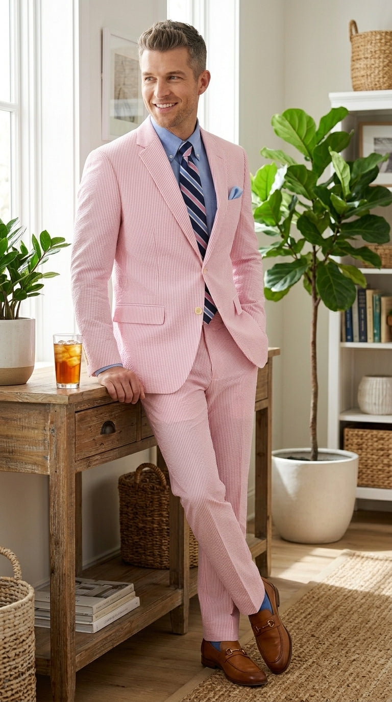 Men’s Pink Seersucker 2 Piece Suit, Lightweight Summer Dress Suit for Weddings, Prom, Parties, and Special Occasions Modern Fit