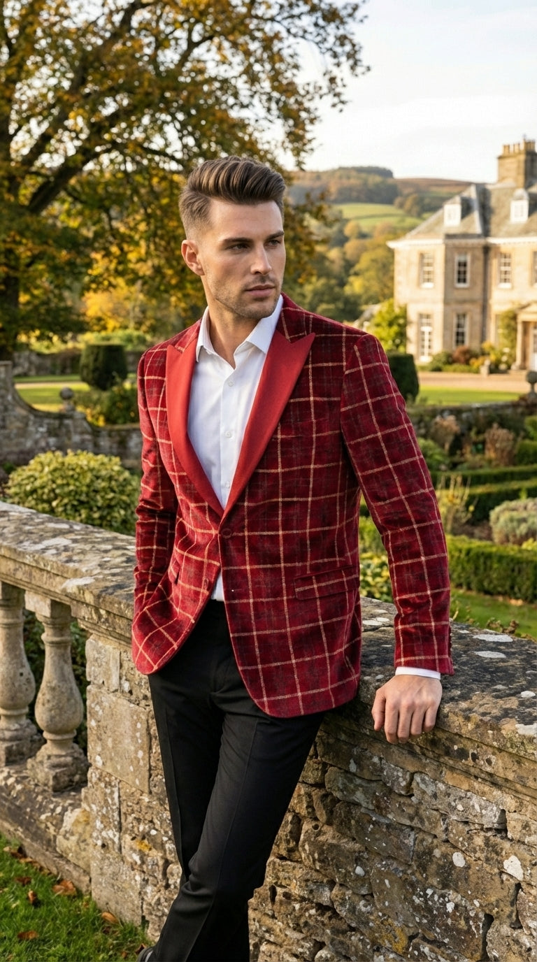 Mens Red Burgundy Plaid Blazer with Contrast Lapel – Velvet Fabric Check Prom Blazer Jacket for Party, Christmas New Year Holiday Jacket