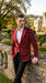 Mens Red Burgundy Plaid Blazer with Contrast Lapel – Velvet Fabric Check Prom Blazer Jacket for Party, Christmas New Year Holiday Jacket