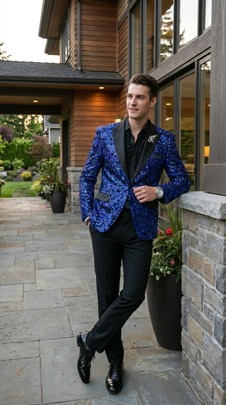 Men’s Blue Sequin Sparkle Blazer Jacket with Black Satin Lapel, Party Prom Wedding Dinner Coat