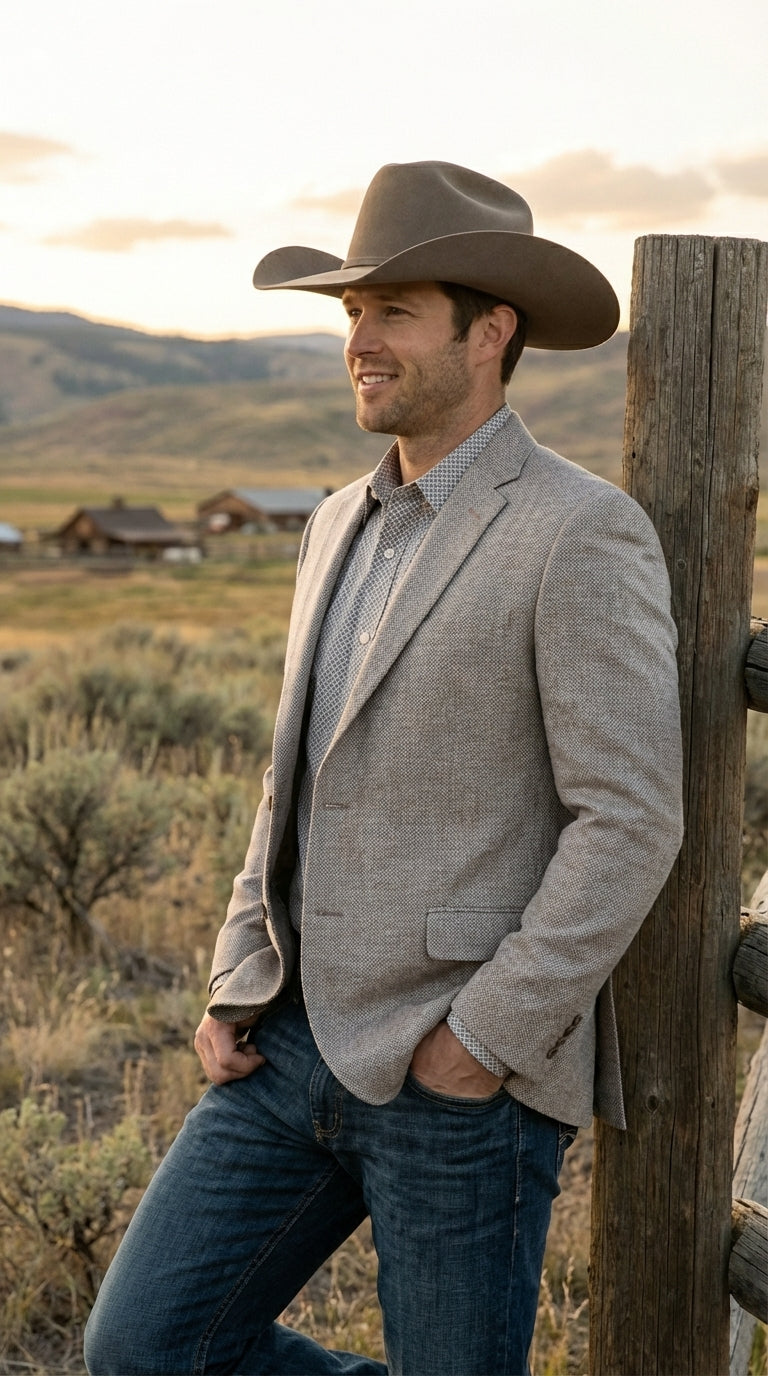 Mens Textured  Light Grey Western Blazer – Cowboy Style Casual Sport Coat for Men Classic Western Jacket