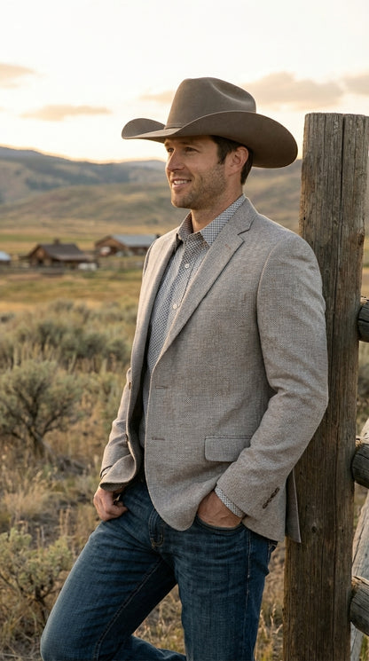 Mens Textured  Light Grey Western Blazer – Cowboy Style Casual Sport Coat for Men Classic Western Jacket
