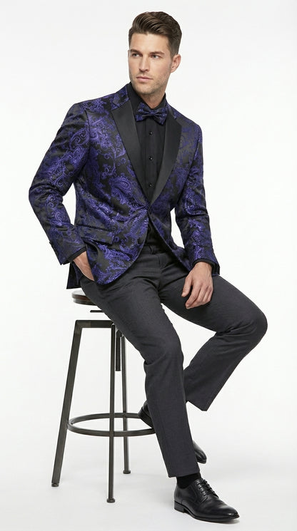 Mens Blue Paisley Jacquard Blazer – Luxury Pattern Tuxedo Dinner Jacket with Black Satin Lapel for Wedding, Prom With Bowtie
