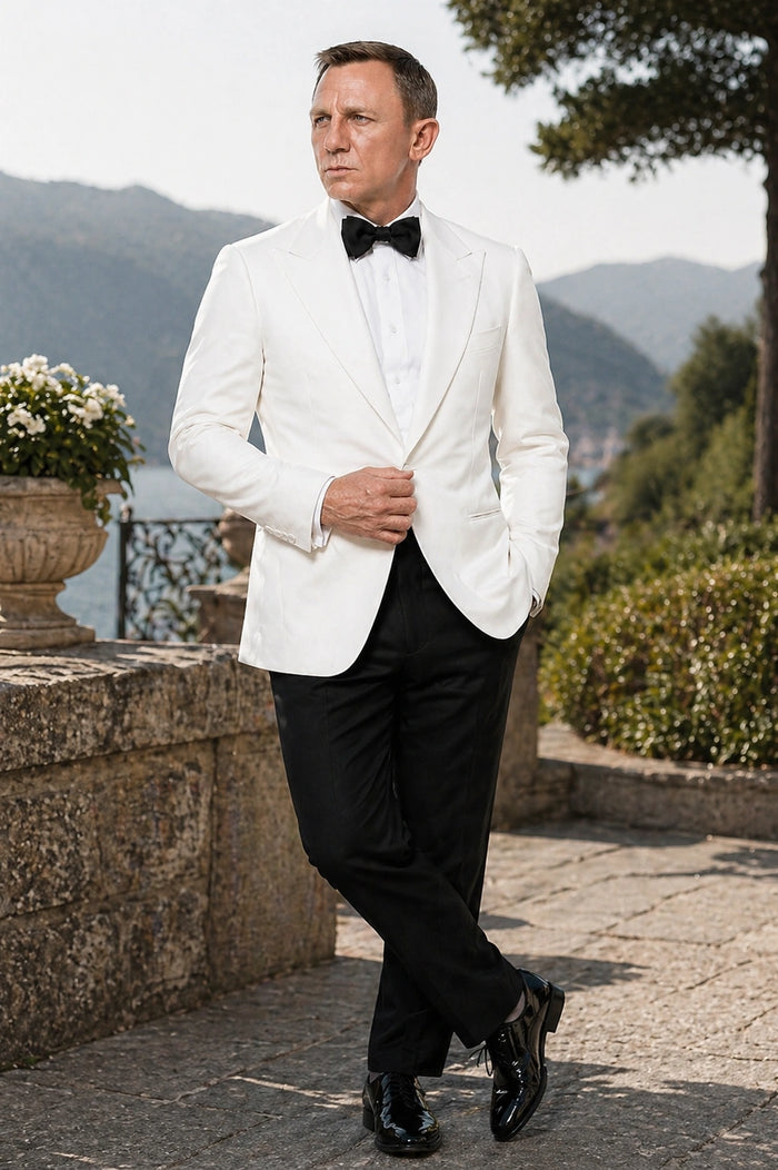 Men’s Pure White Dinner Jacket Blazer – James Bond Style Formal Tuxedo Blazer for Wedding, Black Tie & Evening Wear