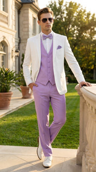 Men’s White and Lavender Tuxedo Wedding Suit with Dinner Jacket, Vest, Pants and Bow Tie