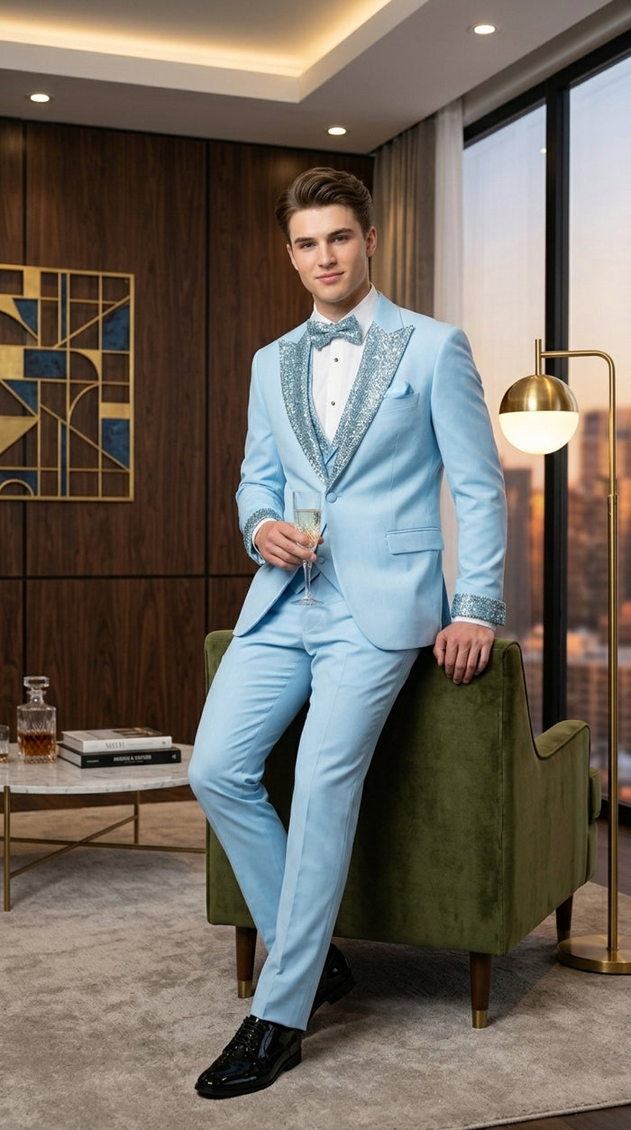 Sky Blue Prom Tuxedo - Perfect Wedding Suit Vested Rhinestone sequin Lapelled