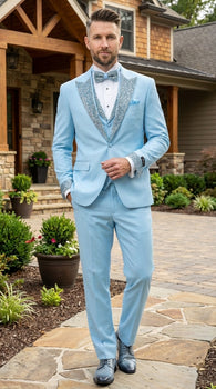 Mens Light Blue 3 Piece Prom Tuxedo – Sky Blue Formal Suit with Sequin Lapel Wedding Party Tuxedo Set in Baby Blue