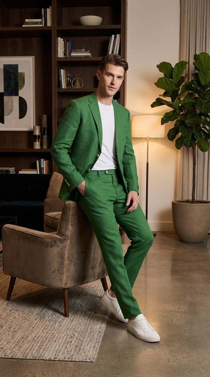 Men’s Emerald Green Linen Suit Set – Lightweight Summer Blazer and Pants, Casual Formal Summer Suit, Breathable Wedding Party Outfit