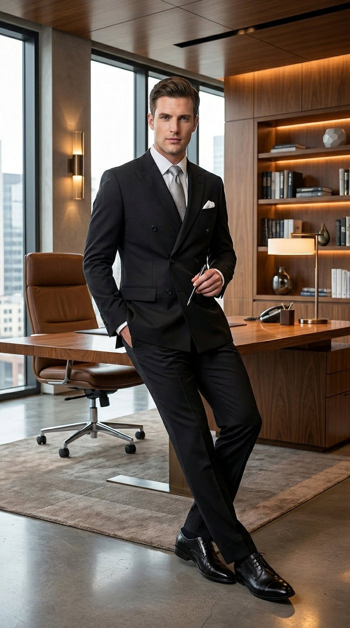 Statement Confidence Men'S Black Double Breasted Wool Italian Design Suit