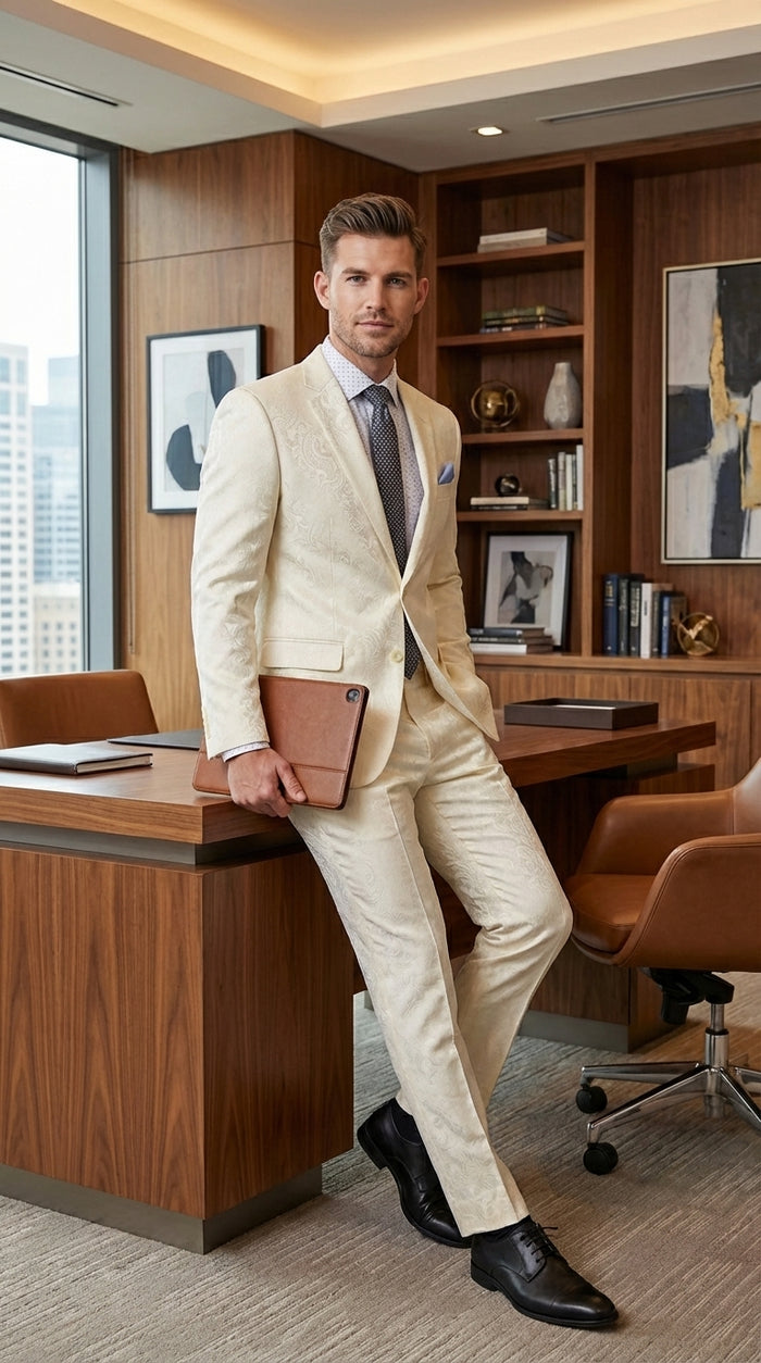 Men’s Ivory Paisley Shiny Suit – Flroal Formal Wedding and Prom Suit for Party, in Cream Off White Modern Fit