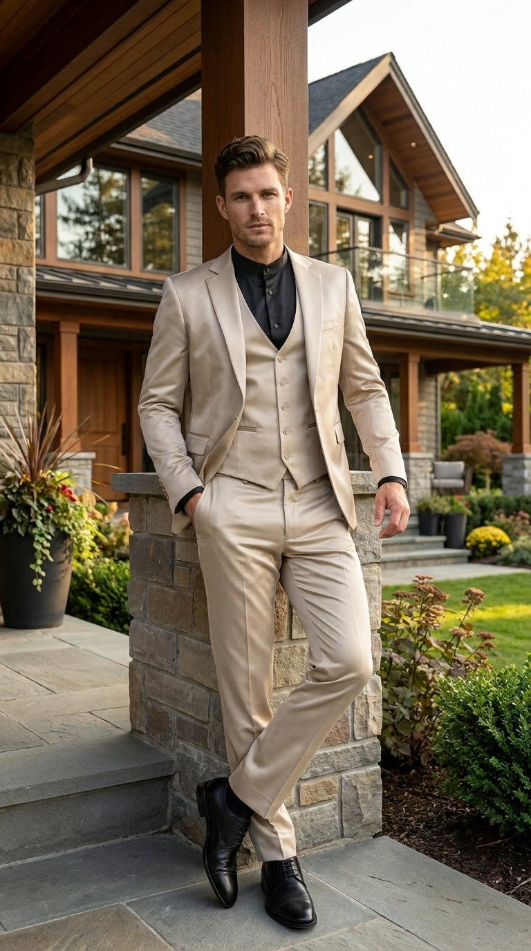 Mens 3-Piece Slim-Fit Shiny All Satin Suit Champagne