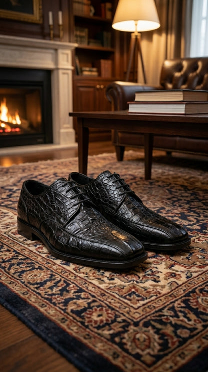 Men’s Los Altos Black Gator Belly Dress Shoes with Lace Up Front, Exotic Style Formal Shoes