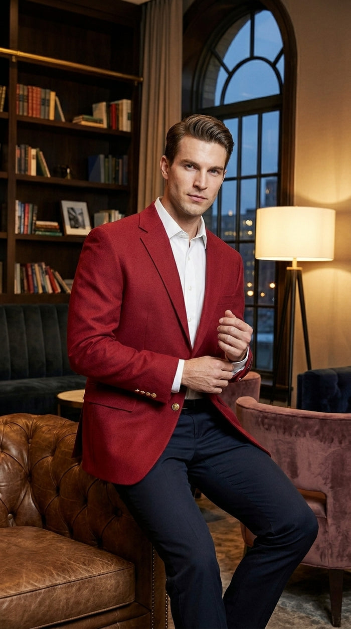 Men’s Burgundy Wine Maroon Dress Casual Blazer with Notch Lapel, Designer Fashion Sportscoat