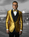 Mens Vested One Button Shawl Tuxedo in Geometric Chain Print in Gold