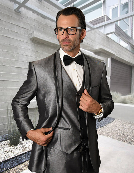 Mens Satin Trim Shawl Lapel Tuxedo in Silver Sharkskin