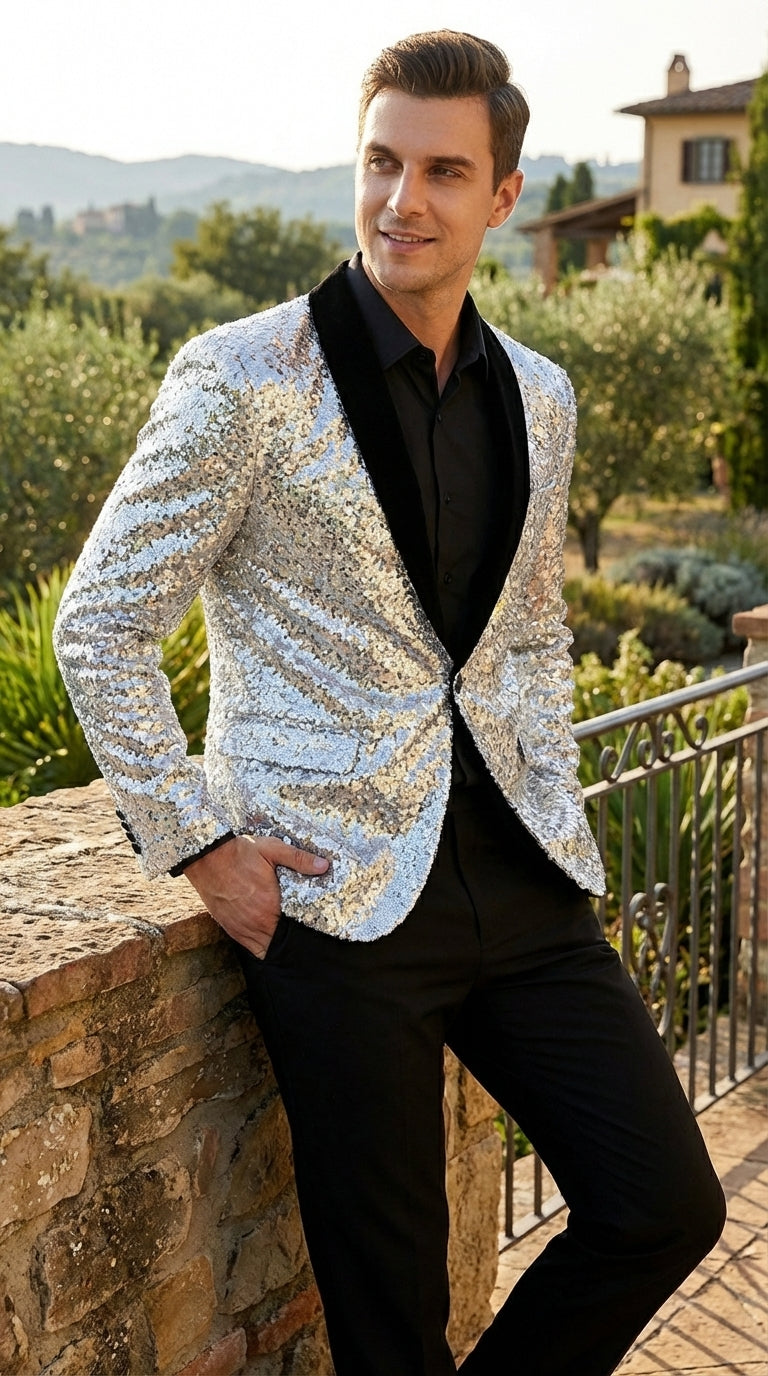 Men’s Silver Sequin Blazer Disco Style Jacket – Black Lapel Party Blazer, Shiny Evening Wear, 70s Dance Outfit, Formal Event Jacket