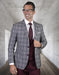 Mens 2 Button Suit with Low Cut Vest in Burgundy Plaid