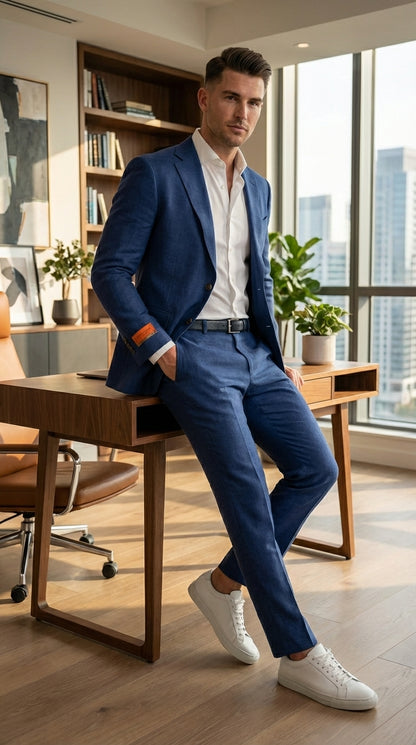 Mens Enzo Tovare Denim Blue Linen Summer Suit – Breathable Two Piece Suit for Wedding, Business, Travel Modern Fit