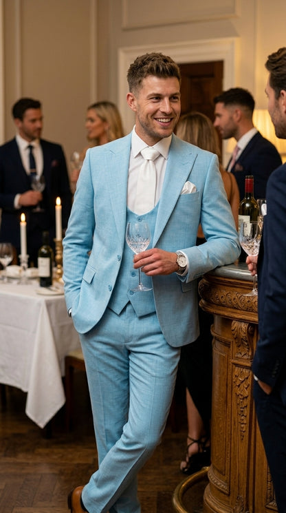 Men’s Turquoise Light blue Suit, Vested Formal Dress Suit for Weddings, Prom, Summer Parties, and Special Occasions in Aqua Blue Color By Rossiman Modern Fit