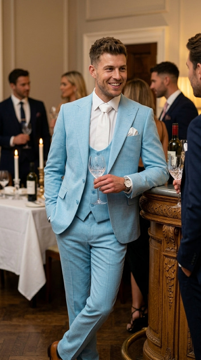 Men’s Turquoise Light blue Suit, Vested Formal Dress Suit for Weddings, Prom, Summer Parties, and Special Occasions in Aqua Blue Color By Rossiman Modern Fit