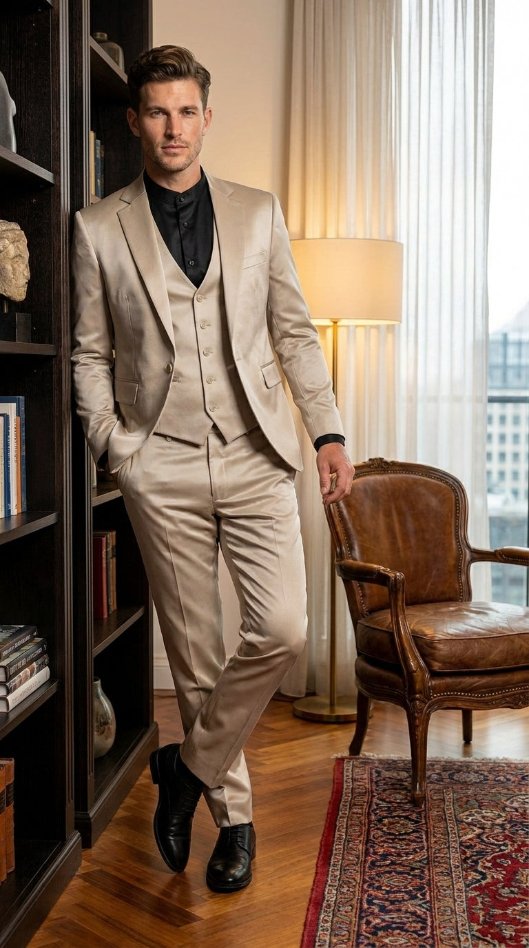 Mens 3-Piece Slim-Fit Shiny All Satin Suit Champagne