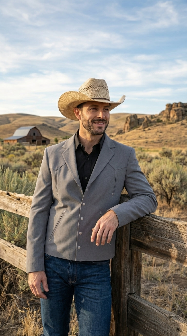 Mens Gray Western Blazer Set – Cowboy Style Jacket and Pants Outfit Classic Country Western Suit