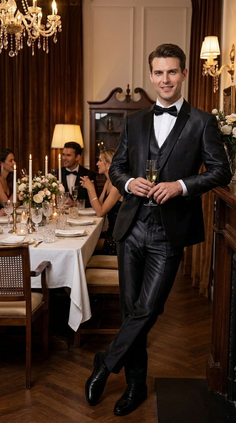 Men’s Black Two Tone Vested Wool Suit with 2 Button Jacket and Black Lapel, Italian Tuxedo Style