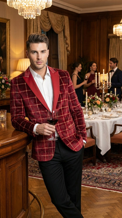 Mens Red Burgundy Plaid Blazer with Contrast Lapel – Velvet Fabric Check Prom Blazer Jacket for Party, Christmas New Year Holiday Jacket
