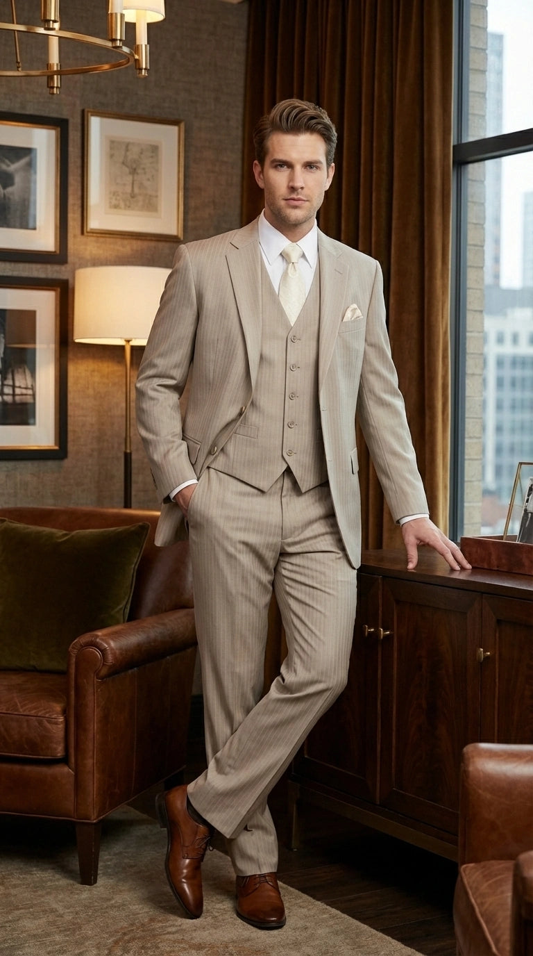 Men's Tan Pinstripe Three Piece Suit – Classic Fit Pleated Pants Tan S —  MensUSA