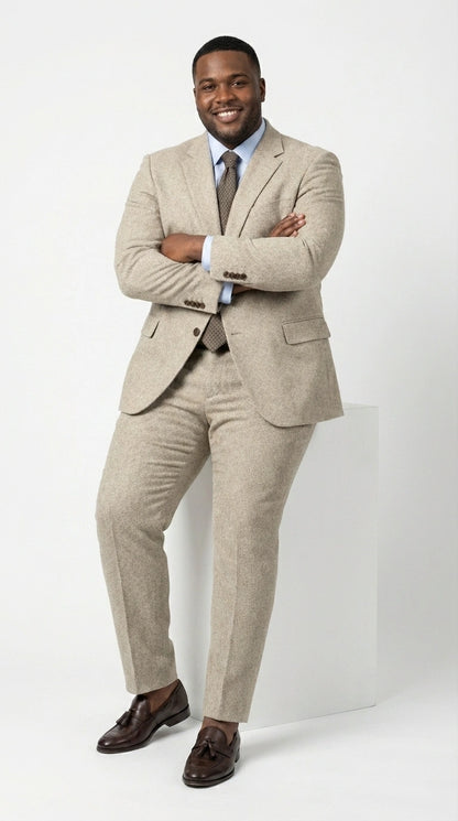 Men’s Light Tan Tweed Suit – Classic Beige Two Piece Suit, Herringbone Formal Wear, Vintage Style Business & Wedding Outfit for Men
