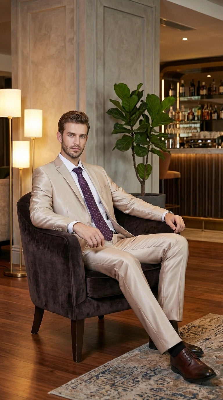 Men’s Champagne Tan Sharkskin 2 Button Suit – Shiny Formal Suit with Optional Vest for Wedding, Prom, Business Beige Color Modern Fit