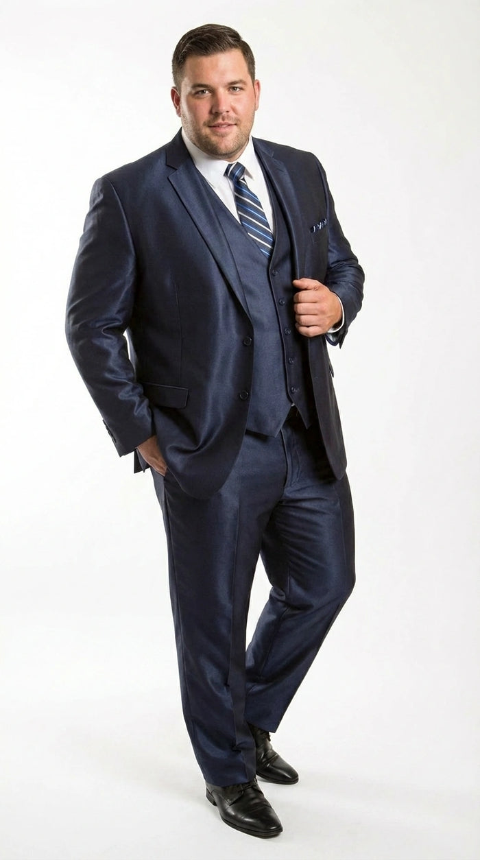 Men’s Navy Blue Sharkskin 3 Piece Suit – Two Button Vested Shiny Formal Suit for Wedding, Prom, Business and Party Wear Modern Fit