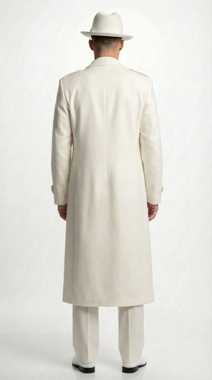Men’s Ivory Cream Off White  Full Length Zoot Suit – Vintage Gangster Style Long Coat Formal Suit