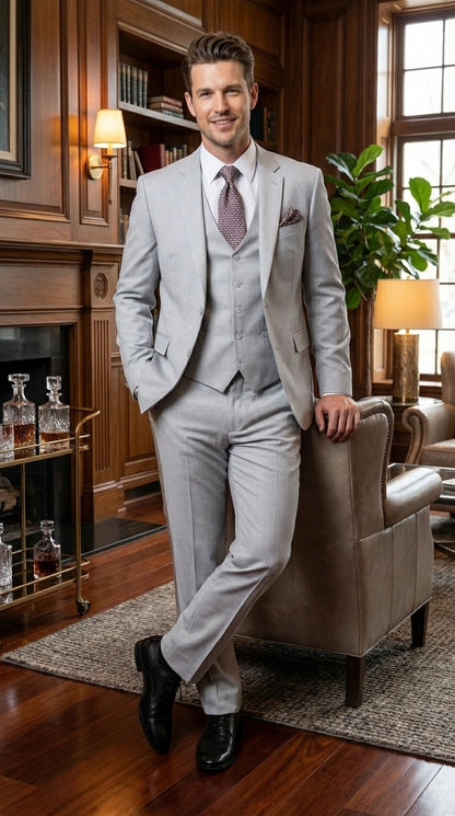 Men’s Light Grey Sharkskin 3 Piece Suit – Two Button Vested Modern Formal Business Suit for Wedding in silver Ice Gray Modern Fit