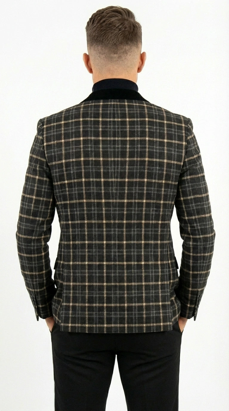 Mens Tartan Black and Gold Check Blazer – Windowpane Plaid Sport Coat Velvet Lapel Formal Party Jacket Chirsitmas New Year Holiday Jacket