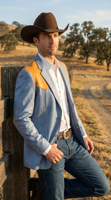 Men’s Sky Blue and Gold Western Cowboy Blazer – Classic Country Style Jacket, Retro in Steel Blue Color