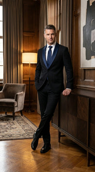 Men’s Black Suit with Navy Blue Lapel – Elegant Formal Tuxedo Style Suit for Wedding, Prom, Party and Evening Wear