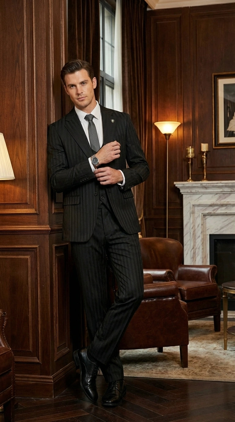Men’s Black Pinstripe 3 Piece Suit – Vested Formal Business Suit for Wedding, Office, Prom and Party Wear Modern Fit