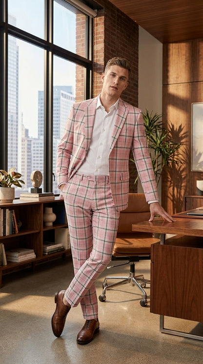 Men’s Pink Plaid Suit with Check Pattern Blazer and Matching Pants, Formal Wedding Party Dress Suit