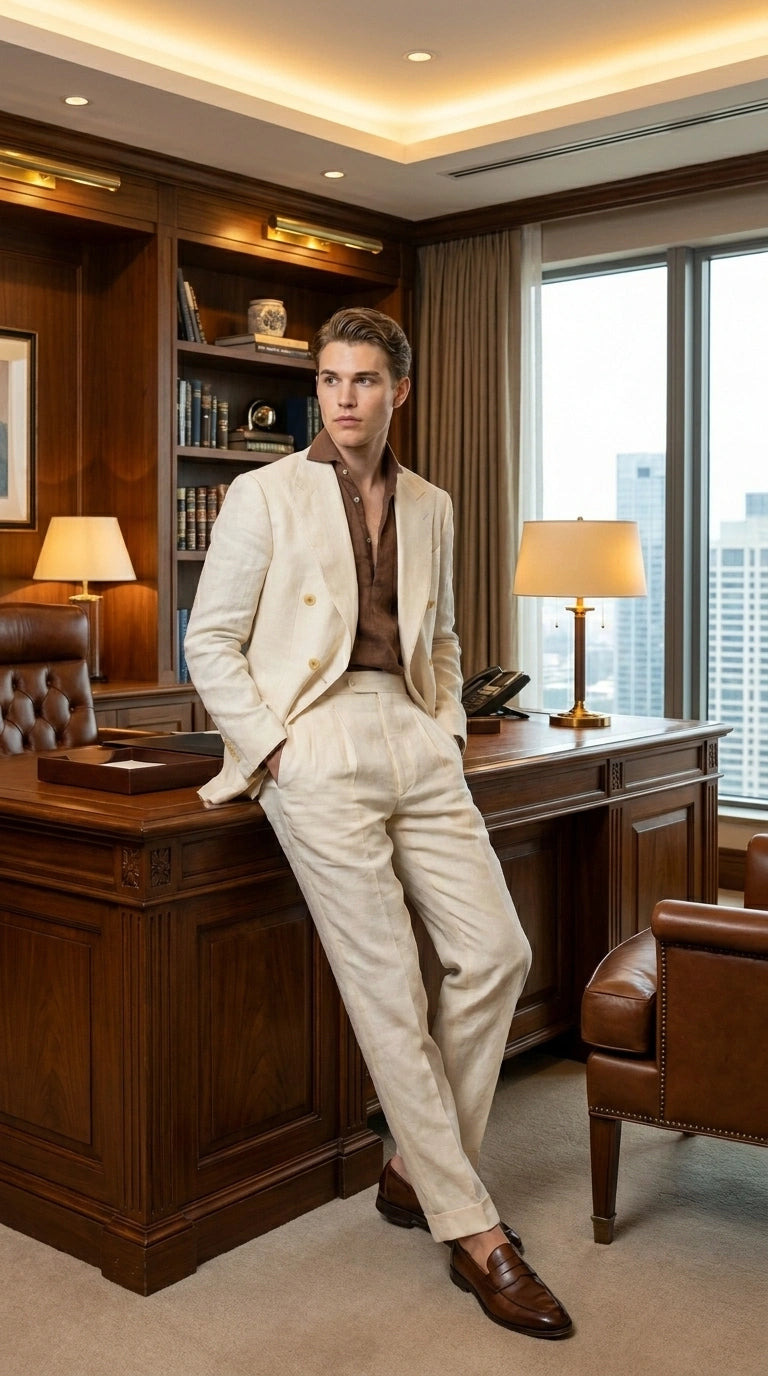 Men’s Off White 70s Style Double Breasted Suit – Vintage Retro Wide Lapel Classic Outfit for Party, Wedding and Casual Fashion Wear