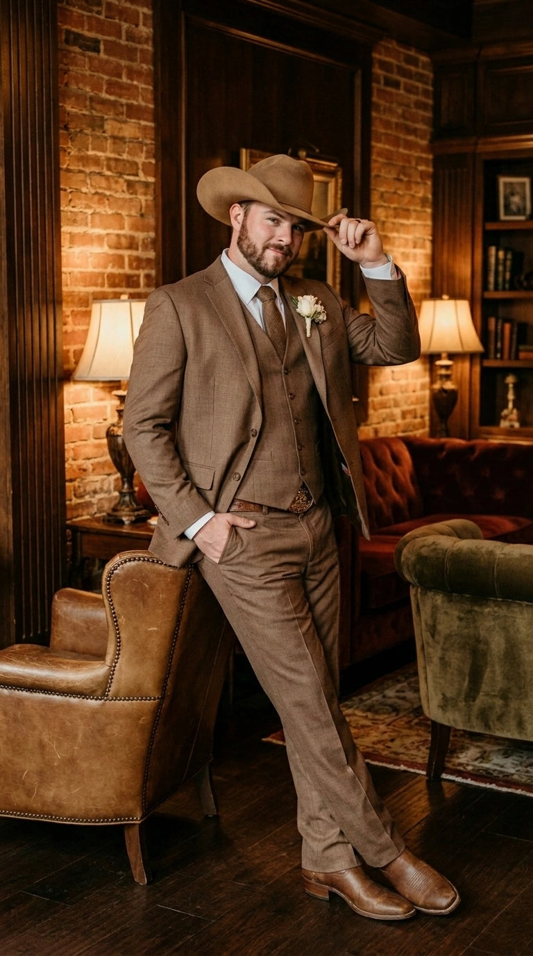 Men’s Light Brown Western 3 Piece Suit – Classic Country Style Blazer Vest Pants Set, Formal Cowboy Suit Toast